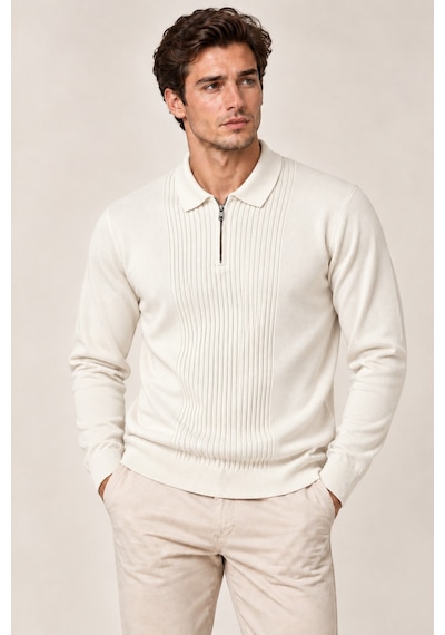 Erkek Polo Yaka Yarım Fermuarlı Önü Fitilli Slim Fit Akrilik Pamuk Triko Kazak Beyaz