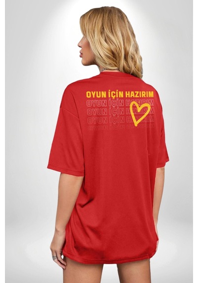 Oyun İçin Hazırım Kalp Kırmızı Oversize Unisex Ön Ve Sırt Baskılı Tişört Kırmızı