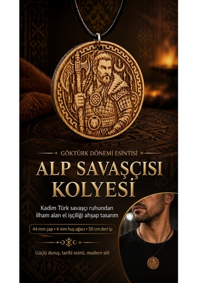 Göktürk Alp Savaşçı Ve Bozkurt Motifli Ahşap Erkek Kolyesi 44 Mm 011 - Kahverengi