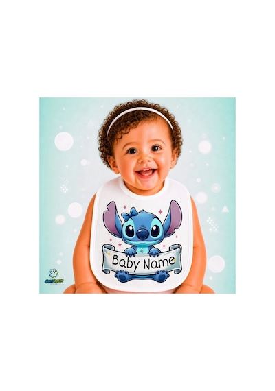 Kişiye Özel Stitch Keten Bebek Mama Önlüğü Yumuşak - Emici - Yıkanabilir - Özel Tasarım P106 Çok Renkli