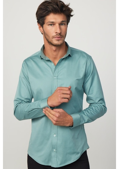 Tudors Slim Fit Likralı Düz Pamuk Saten Yeşil Erkek Gömlek-29715-yeşil Yeşil