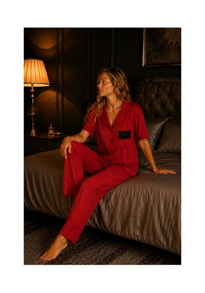 Elitol Fitilli Örme Kadın Düğmeli Pijama Takımı Kırmızı-7