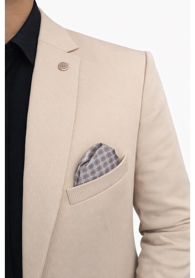 Plus Scorpion Erkek Slim Fit Ceket Likralı Fitilli Kumaş, Çift Düğmeli Tek Yırtmaçlı Modern Tasarım Krem