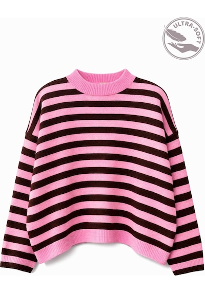 Mixray 7016 Kadın Yün Karışımlı Çizgili Oversize Basic Triko Kazak Pembe