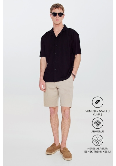 Erkek Sıyah-sıyah Pamuklu Comfort Fit Rahat Kesim Hawai Yaka Armürlü Örme Gömlek Siyah