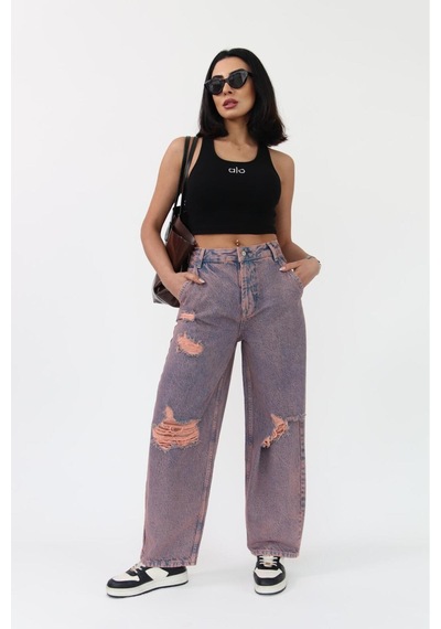 Skater Fit Kızıl Tint Yırtık Jean Mavi+kızıl Tint