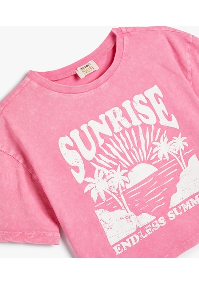 Koton Crop Tişört Tropik Baskılı Kısa Kollu Bisiklet Yaka Pamuklu Pembe 4skg10307ak Pembe