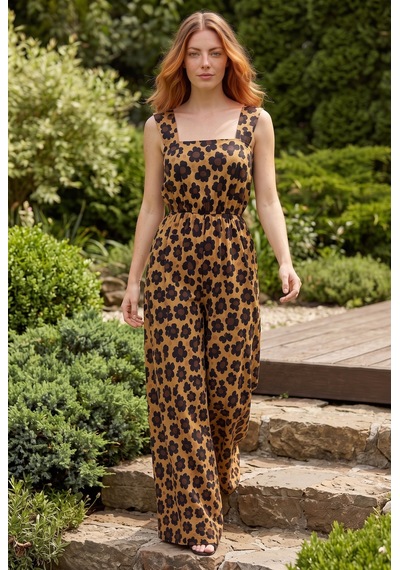 Soulshae Desenli Kare Yaka Geniş Paça Tulum Leopar