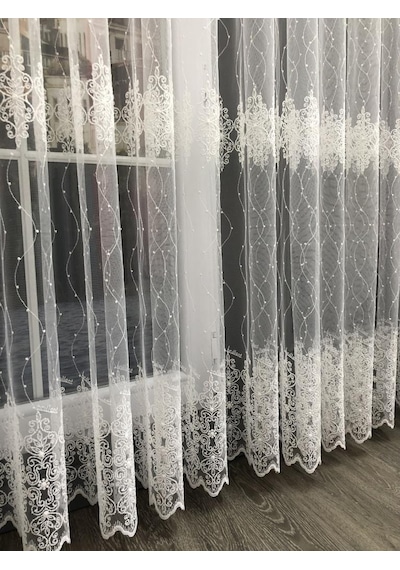 Tül Perde Sude Desen Brillant Marka Sedef Sim Brode Işleme Ekru