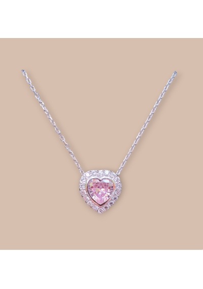 Gümüş Rodyumlu Pırlanta Modeli Pembe Zirkon Taşlı Kalp Kolye