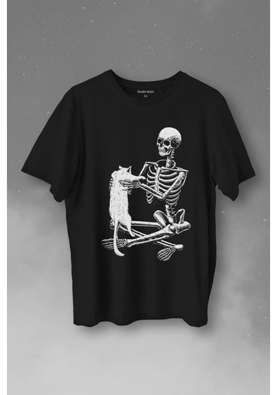 İskelet Ölünceye Kadar Kedi Seveceğim Skeleton Cat Love Baskılı Tişört Unisex T-shirt 001