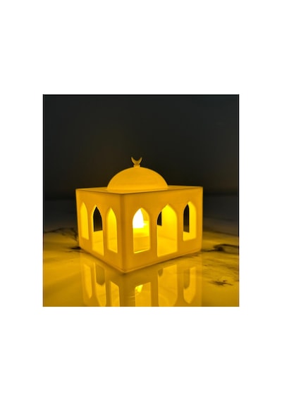 Ramazan Temalı Cami Minare Mescit Kubbe Figürü İkili Set Işıklı Pilli Mumluk Ev Aksesuarları Beyaz