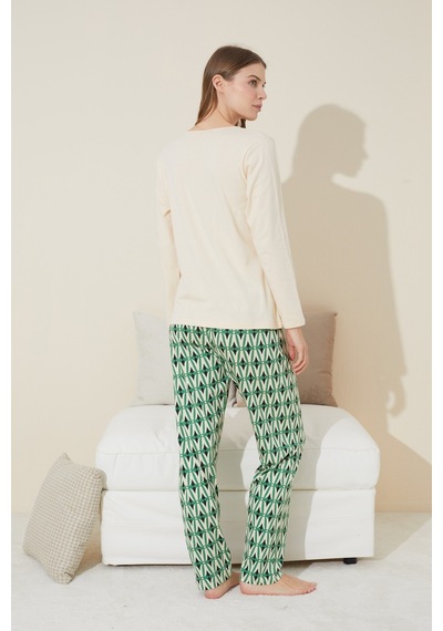Siyah İnci Pamuklu Örme Pijama Takım 24240123 Krem