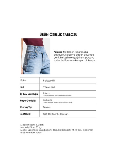 Itsbasic Kadın Ice 4s6-3 Süper Palazzo Kemer Detaylı Komfort Kumaş Denim Jean Buz Mavi