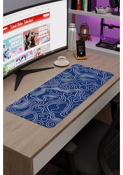 Mavi Beyaz 70x30 Xl Taraftar Gaming Oyuncu Mouse Pad Kaymaz Taban Büyük Fare Altlığı Topography