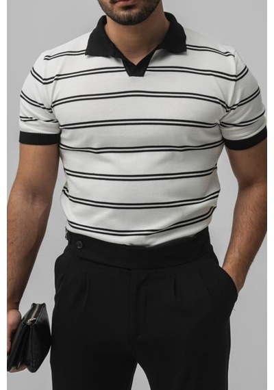 Tarz Cool Erkek Paralel Polo Yaka Slim T-shirt Beyaz