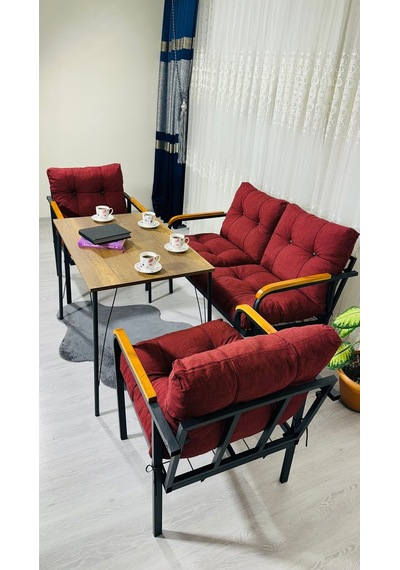 Madame Home Kadife Balkon, Bahçe,teras,cafe - Salon - Metal Kanepe Koltuk Takımı - 2+1+1 + Masa Bordo