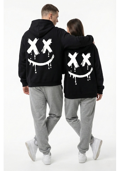 Nevermind Unisex Smile Baskılı Sevgili Kombini Oversize Hoodie Seti Siyah