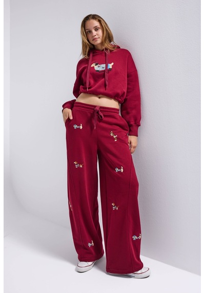 Kadın Bordo W6-35 Sweatshirt Eşofman Pantolon 2'li Nakış Figürlü Tasarım Takım