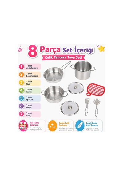 8 Parça Çelik Tencere Tava Seti, Çocuklar İçin Metal Mutfak Ve Evcilik Oyun Seti Atf-1818-3 Diğer