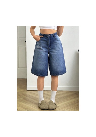 Kene Jeans Lazer Ön Yırtıklı Mavi İşlemli Kot Şort Mavi İşlemli