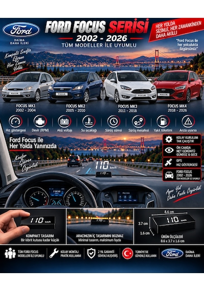 Ford Focus 2002-2025 Modeller İçin Head Up Display Hayalet Gösterge Ekranı Ön Cam Hız Göstergesi
