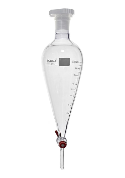 Borox Konik Tip Teflon Musluklu Tıpalı Hacim Ölçekli Cam Ayırma Hunisi 500 ML