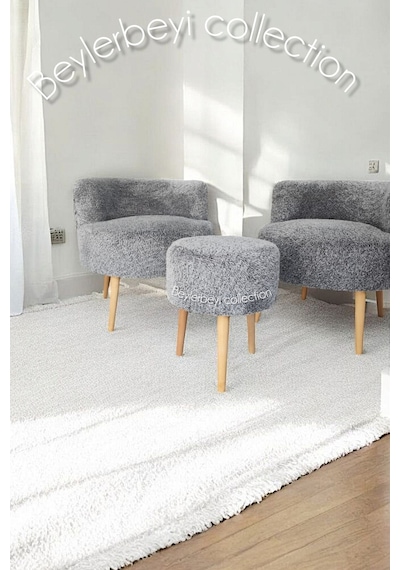 Köşe Takım,çay Seti Ikili Koltuk Gri Peluş Berjer Ve Puf Takımı Salon, Balkon, Ofis 3 Lü Takım Gri