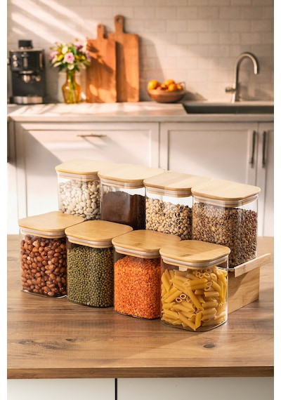 Porsima 5-4 Bambu Vakumlu Kapaklı Kare Borsilikat Cam 8li Kavanoz Seti Saklama Kabı 750ml 7,5x15cm