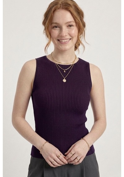 Neden Tekstil Kadın Fitilli Triko Atlet Slim Fit Yazlık Kolsuz Bluz - Mor