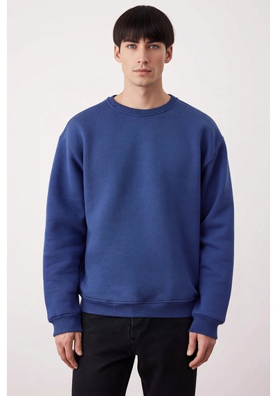 Benerly Erkek Bisiklet Yaka Düşük Kol Oversize Kalın Nakışlı Sweatshirt F Lacivert