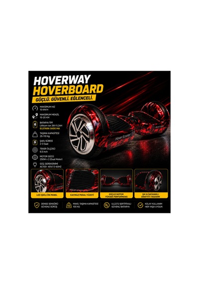 Hoverboard 6.5 İnç Led Işıklı Taşıma Kollu 36v 5.2ah Elektrikli Kaykay Bordo