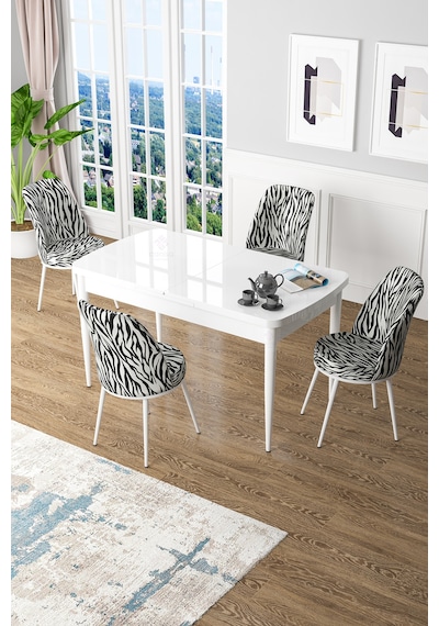 Canisa Concept Kor Serisi 70x114 Açılabilir Mutfak Masası Takımı Beyaz Masa 4 Zebra Desen Sandalye Masa Beyaz Sandalye Zebra Canisa Concept Kor Serisi 70x114 Açılabilir Mutfak Masası Takımı Beyaz Masa 4 Zebra Desen Sandalye Masa Beyaz Sandalye Zebra