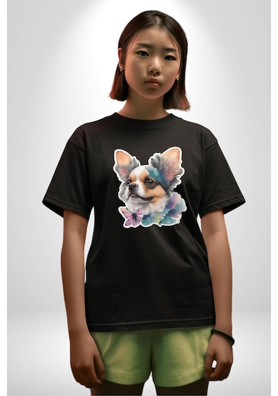 Chihuahua Köpek Pamuklu Bisiklet Yaka Unisex Oversize Boyfriend Dijital Baskılı Siyah T-shirt Siyah