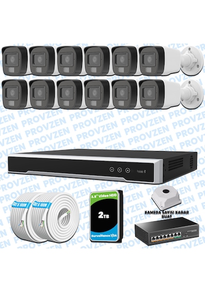 Provzen Hikvision 12 Li İp 4mp Güvenlik Kamerası Seti Colorvu Mikrofonlu Olay Anında Bildirim