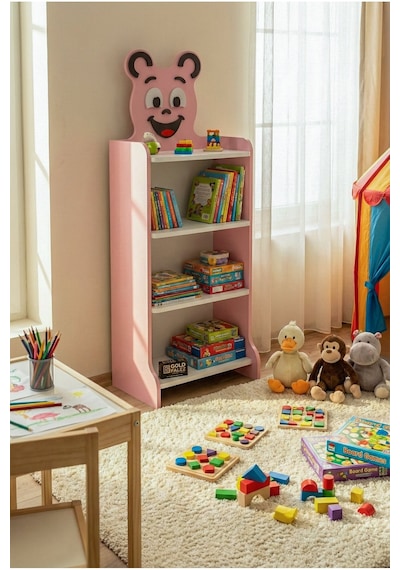 Reyo Falez Çocuk Kitaplık Happy Face 4 Raflı Sevimli Figürlü Düzenleyici Raf Sistemi - 8025 Pembe