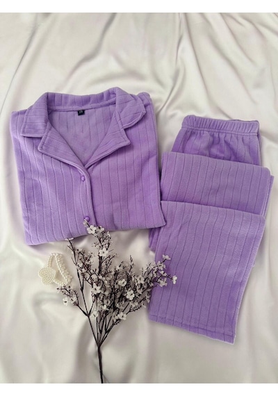 Mh Moony Homewears Lila Muhteşem Şık Kışlık Termal Polar Kumaş Pijama Takımı Muhteşem Lila