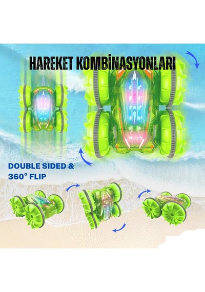 Oyuncak Suda Ve Karada Giden Uzaktan Kumandalı Araba 360 Hareket Edebilen Şarjlı Işıklı 4x4 Araç Yeşil