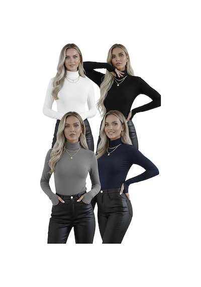 Hashtag Kadın Balıkçı Yaka Parmak Detaylı Body 4'lü Set Viskon Kumaş Siyah Lacivert Beyaz Gri