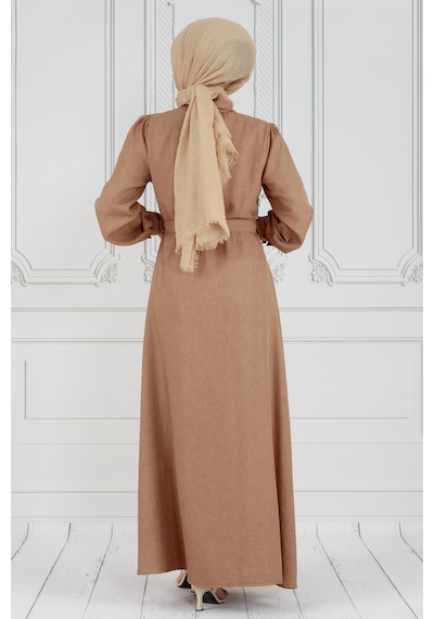 Sevitli İnci Çakım Önü Düğmeli Keten Elbise-camel-3615-camel Camel