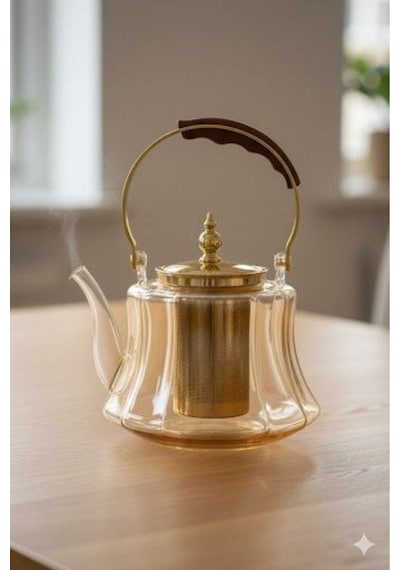 Ahşap Saplı Isıya Dayanıklı Borosilikat Amber Cam Demlik 1200 Ml Süzgeçli Cam Demlik
