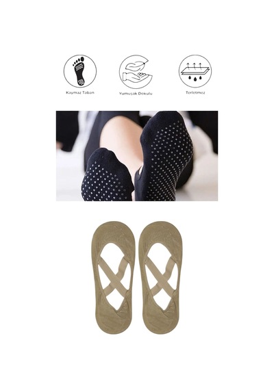 2 Adet Kadın Kaydırmaz Tabanlı Yoga Pilates Fitness Dans Ve Spor Çorabı Bej