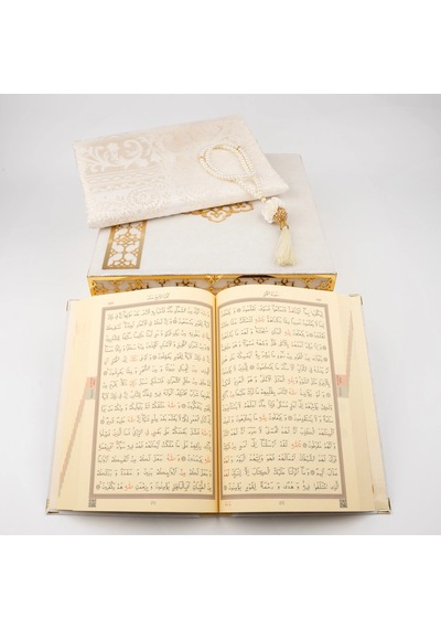Kuran + Seccade + Tesbih Hediye Seti Orta Boy, Raşel Kare Kutu, Krem