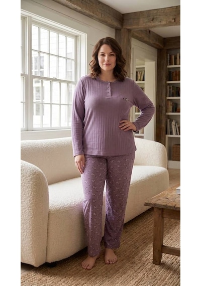 Eyfuze Kadın Kışlık Büyük Beden Nakışlı Desenli Yakası Düğmeli Uzun Kollu Pijama Takımı Lila Eyfuze Kadın Kışlık Büyük Beden Nakışlı Desenli Yakası Düğmeli Uzun Kollu Pijama Takımı Lila