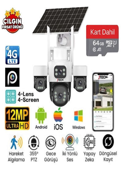 Inox X14 3mp+3mp+3mp+3mp 12mp 4g E-sim Kartlı 2xsolar Panelli 4 Lens 1 Ptz Akıllı Kamera + 64gb Sd Kart