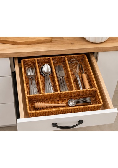 Tr Çekmece İçi Kaşıklık Hasır Görünümlü Rattan 4 Bölmeli Çatallık Bıçaklık, Düzenleyici Organizer, Genel