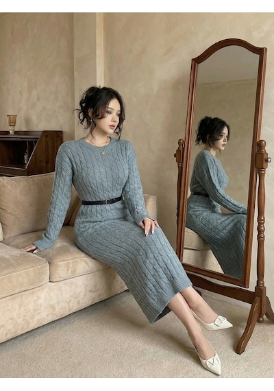 Sayzen Your Shine Saç Örgülü Bisiklet Yaka Elbise Sy-2517 Nargo Gri