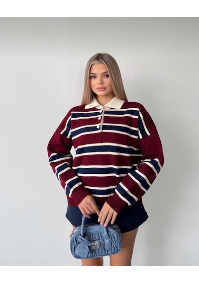 Kadın Çizgili Polo Yaka Oversize Triko Kazak Bordo