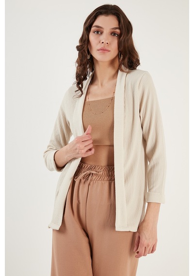 Lela Yakası Ve Kolu Katlı Gofre Kimono Bayan Hırka 5869014 Taş