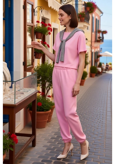 Benerly Kadın Relaxed Kesim Kısa Kollu Yarasa Kol Bisiklet Yaka %100 Pamu Pembe